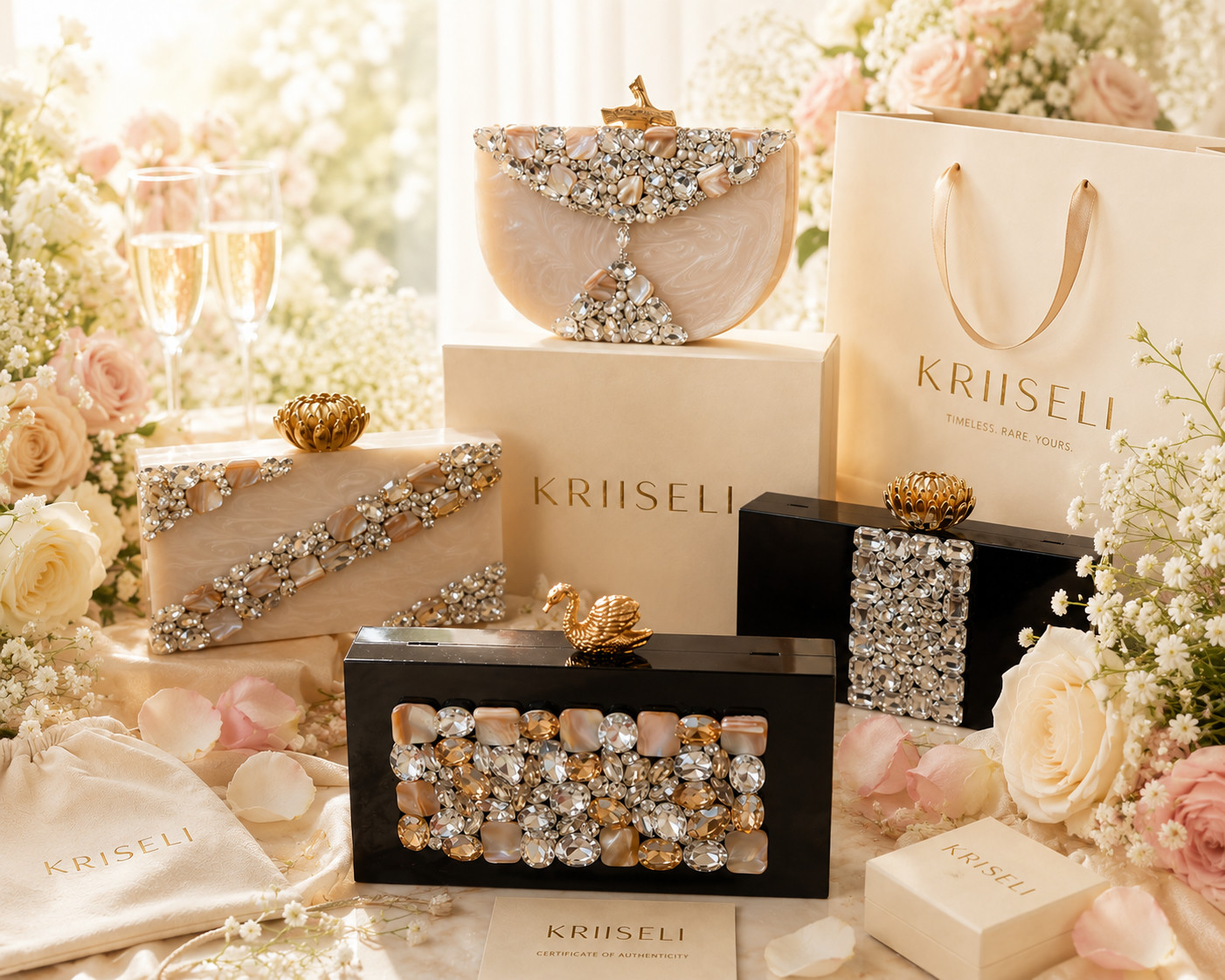 The KRIISELI collection with signature packaging, certificate of authenticity and champagne